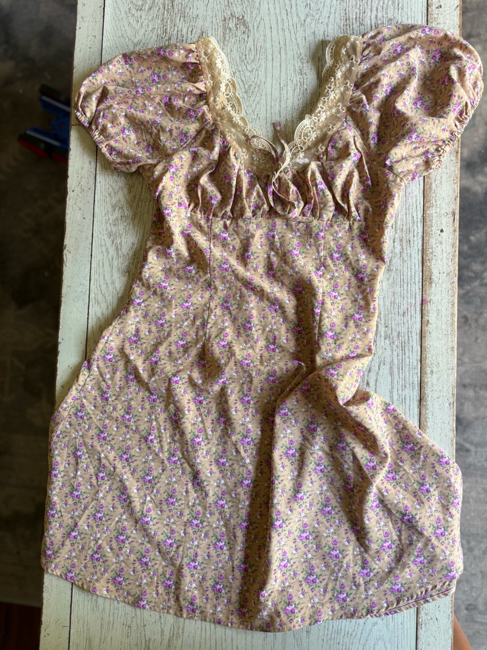 Floral Lace-Trim Puff Sleeve Dress - Pink/Beige